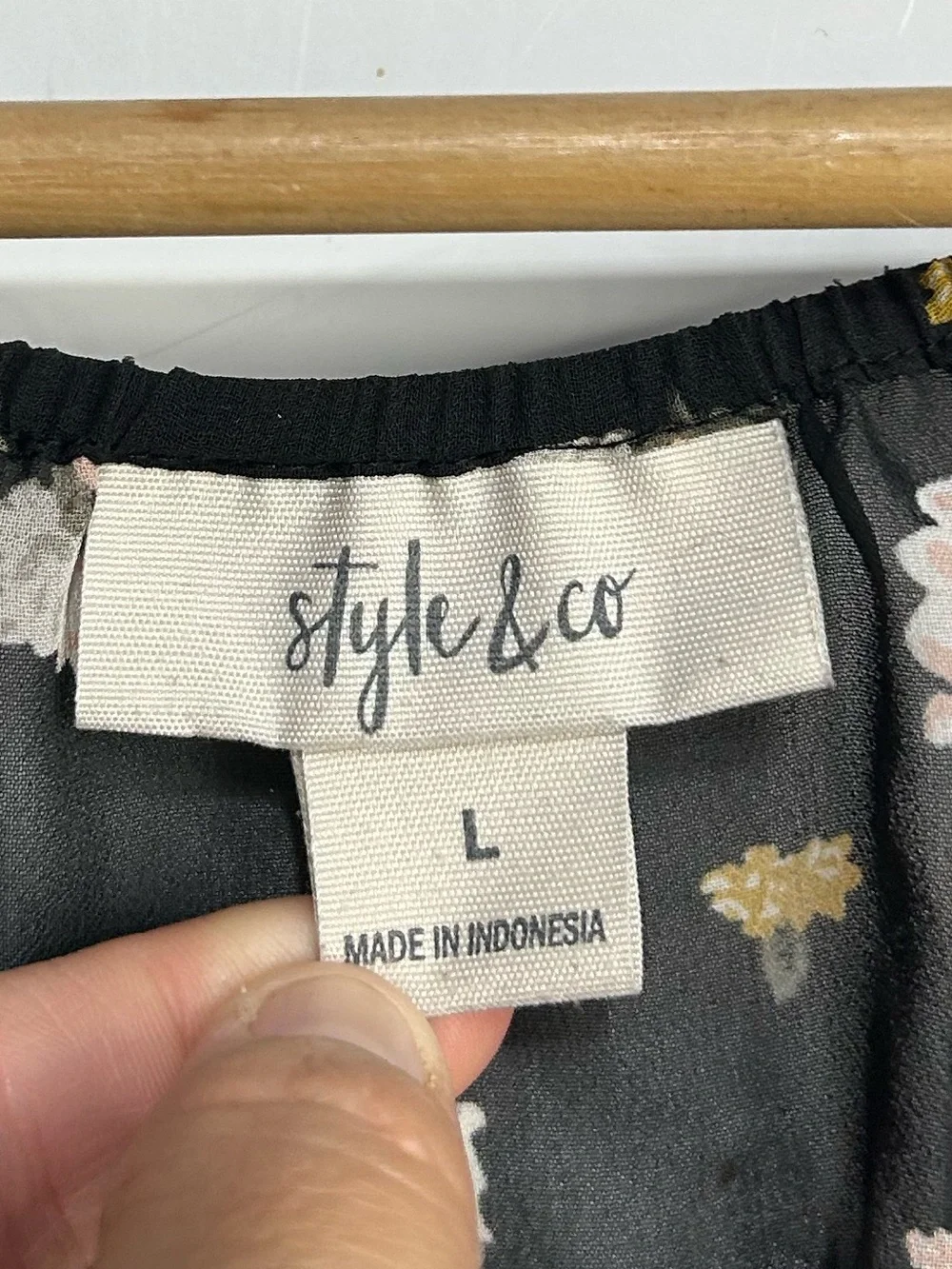 Style & Co. Floral Black Sheer Bell Sleeve Blouse Large